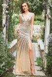Mermaid Deep V Neck Golden Beading Long Ball Dress with Split Front