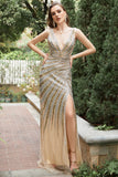 Mermaid Deep V Neck Golden Beading Long Ball Dress with Split Front