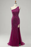 Dark Purple Mermaid One Shoulder Sequin Long Ball Dress with Slit