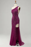 Dark Purple Mermaid One Shoulder Sequin Long Ball Dress with Slit