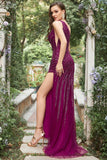 Mermaid One Shoulder Dark Purple Beaded Long Ball Dress with Slit
