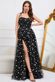 Tulle A-Line Spaghetti Straps Black Long Ball Dress with Stars