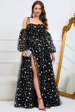 Tulle A-Line Spaghetti Straps Black Long Ball Dress with Stars