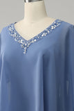 Grey Blue Sparkly Beaded Batwing Sleeves Mother of the Bride Dress