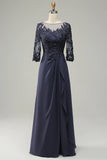 Long Sleeves Blue Long Mother of Bride Dress with Appliques