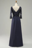 Long Sleeves Blue Long Mother of Bride Dress with Appliques