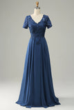 Grey Blue A Line Long Mother of Bride Dress with Appliques