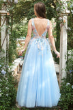 A Line Deep V Neck Embroidery Light Blue Long Ball Dresses with Appliques