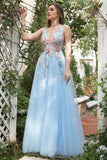 A Line Deep V Neck Embroidery Light Blue Long Ball Dresses with Appliques