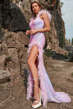 Mermaid Sweetheart Purple Sequins Long Ball Dress with Feather