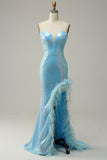 Mermaid Sweetheart Light Blue Sequins Long Ball Dress with Feather