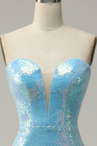 Mermaid Sweetheart Light Blue Sequins Long Ball Dress with Feather