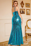 Blue Sequin One Shoulder Sparkly Plus Size Ball Dress with Slit
