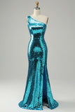 Sparkly Blue Sequins One Shoulder Long Ball Dress with Slit