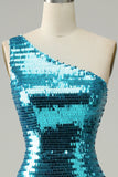 Sparkly Blue Sequins One Shoulder Long Ball Dress with Slit