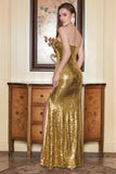 Gold One Shoulder Sequin Ball Dress with Slit