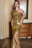 Gold One Shoulder Sequin Ball Dress with Slit