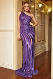 Purple One Shoulder Sequin Plus Size Ball Dress wirh Slit
