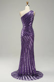 Purple Sequin One Shoulder Mermaid Ball Dress with Slit