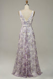 Ivory Purple Printed V-Neck Ball Dress With Slit