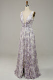 Ivory Purple Printed V-Neck Ball Dress With Slit