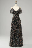 Black Chiffon Off Shoulder Long Ball Dress with Floral