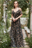 Black Chiffon Off Shoulder Long Ball Dress with Floral