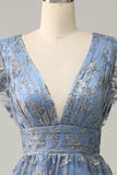 A Line Deep V Neck Grey Blue Plus Size Ball Dress with Embroidery