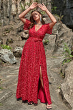 A Line V Neck Red Lace Plus Size Ball Dress with Split Front