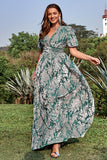 A Line V Neck Green Floral Printed Plus Size Ball Dress with Short Sleeves