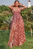 A Line Deep V Neck Rust Printed Plus Size Ball Dress with Split Front