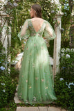 A-Line V-Neck Embroidery Green Long Ball Dress with Short Sleeves