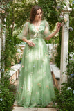A-Line V-Neck Embroidery Green Long Ball Dress with Short Sleeves