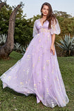 A-Line V-Neck Embroidery Lavender Long Ball Dress with Short Sleeves