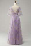 A-Line V-Neck Embroidery Lavender Long Ball Dress with Short Sleeves
