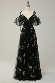 Black A-Line Cold Shoulder Embroidery Long Ball Dress with Slit