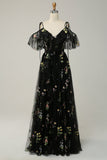 Black A-Line V-Neck Spaghetti Straps Embroidery Long Ball Dress with Slit