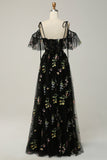 Black A-Line V-Neck Spaghetti Straps Embroidery Long Ball Dress with Slit