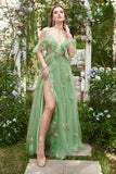 Green A-Line V-Neck Spaghetti Straps Embroidery Long Ball Dress with Slit