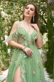 Green A-Line V-Neck Spaghetti Straps Embroidery Long Ball Dress with Slit