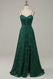 Dark Green A Line Lace Spaghetti Straps Corset Ball Dress