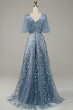 Grey Blue A LIne Tulle Embroidered Leaves Ball Dress