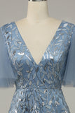 Grey Blue A LIne Tulle Embroidered Leaves Ball Dress