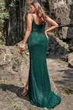 Mermaid Spaghetti Straps Dark Green Sequins Plus Size Ball Dress with Split Front