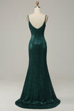 Dark Green A Line Sequined Spaghetti Straps Ball Dress With Slit