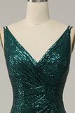 Dark Green A Line Sequined Spaghetti Straps Ball Dress With Slit