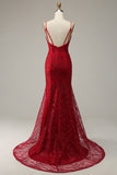 Dark Red Spaghetti Straps Mermaid Ball Dress with Slit