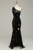 Sequins Mermaid One Shoulder Black Long Ball Dress with Star