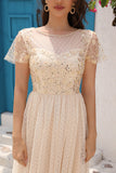 A Line Tulle Apricot Sequins Ball Dress with Appliques