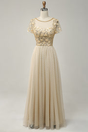 Apricot Tulle A Line Sequins Ball Dress with Appliques